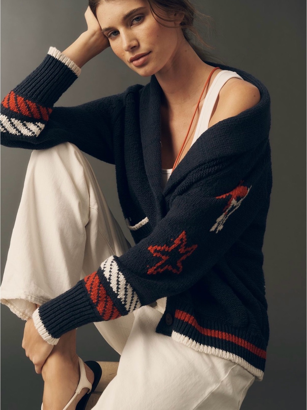 New Anthropologie Navy Nautical Sailboat Red & Blue Stars Cozy Cardigan SZ S - Picture 3 of 4